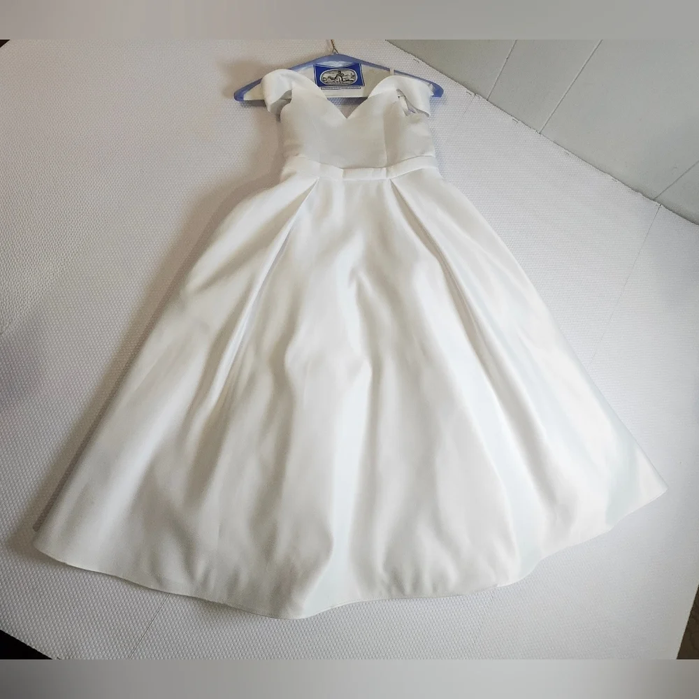 David's Bridal Girl Satin Off Shoulder White Dress W/ Some Light Imperfections - Picture 8 of 11